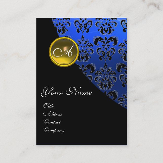 CARTÃO DE VISITA MONOGRAMA AZUL NEGRO DE TOPAZ AMARELO, (Frente)