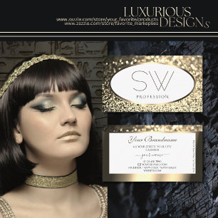 Cartão De Visita Monograma branco brilhante e Dourado com brilho