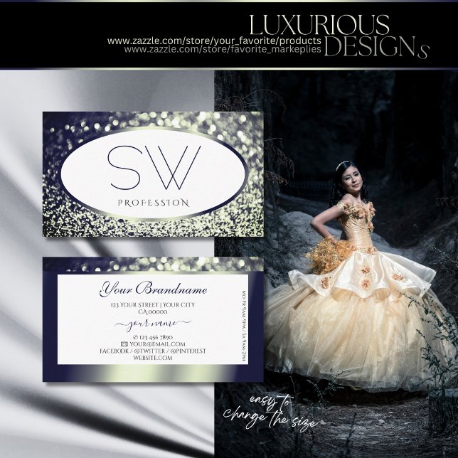 Cartão De Visita Monograma branco brilhante na moda Azul Silver Spa (Criador carregado)