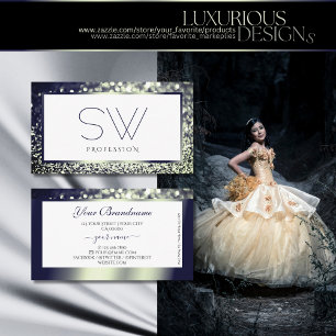 Cartão De Visita Monograma Branco de Ombre de Prata Azul Elegância