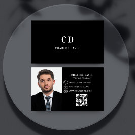 Cartão De Visita Monograma branco preto de fotografia, código Qr