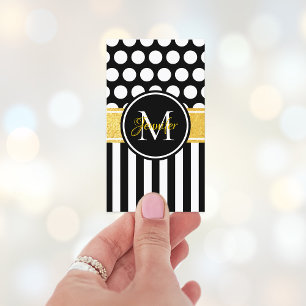 Cartão De Visita Monograma branco preto do ouro das bolinhas da
