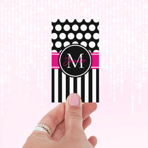 Cartão De Visita Monograma branco preto do rosa quente das bolinhas