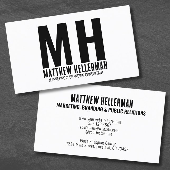 Cartão De Visita Monograma branco preto simples profissional (Simple Modern Minimal Black White Monogram Business Card )