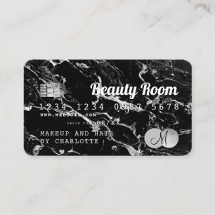 Cartão De Visita Monograma chic de mármore preto de beleza de cart
