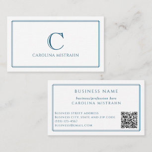 Cartão De Visita Monograma Código QR Borda Azul Marinho Elegante
