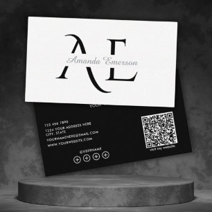 Cartão De Visita Monograma Código Qr Simples Preto E Branco