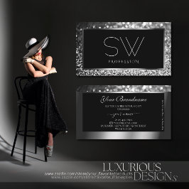 Cartão De Visita Monograma com brilho de prata e prata luminoso pre