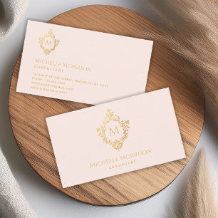 Cartão De Visita Monograma Cor-de-rosa Faux Dourado Crest Inicial