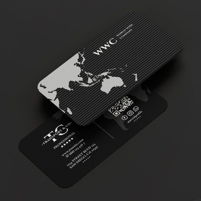 Cartão De Visita Monograma da Empresa Marketing Stripe do Mapa Mund (World Map Stripe Marketing Company Monogram Black Business Card
)