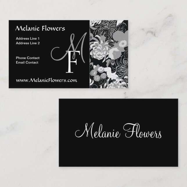 Cartão De Visita Monograma das Flores Elegantes Pretas e Brancas (Frente/Verso)