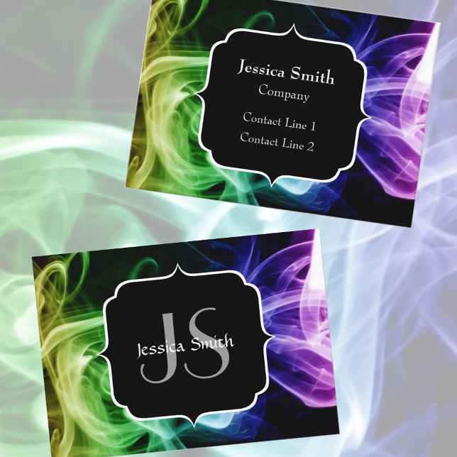 Cartão De Visita Monograma de Abstrato de fumaça verde-roxa, vibran (Vibrant Green Blue Purple Abstract Smoke Monogram Business Card)