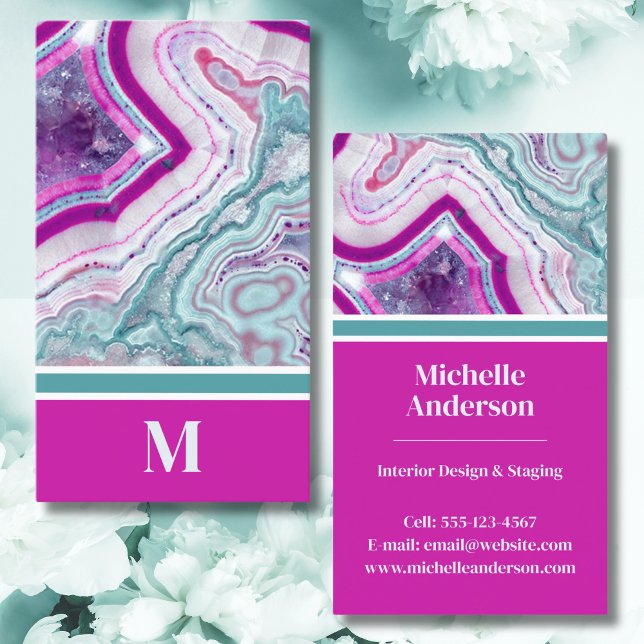 Cartão De Visita Monograma de Agato Moderno (Chic Modern Monogram Initial Teal Magenta Stone Business Card)