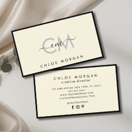 Cartão De Visita Monograma de assinatura do script de marfim preto 