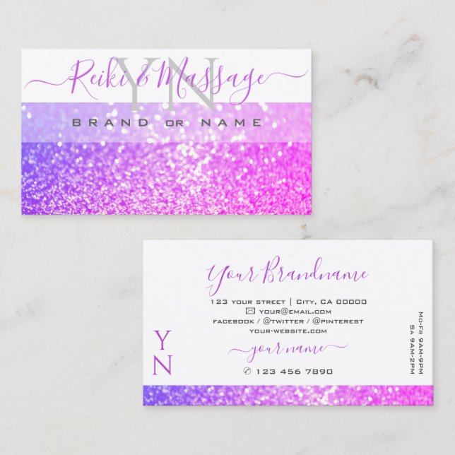 Cartão De Visita Monograma de Brilhante Púrpura, Cor-de-rosa, branc (Frente/Verso)