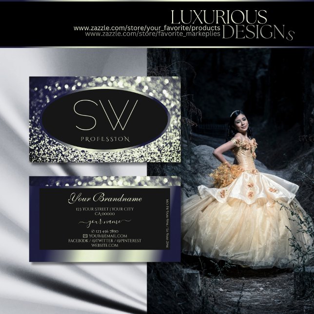 Cartão De Visita Monograma de brilho brilhante de prata azul-nobre (Criador carregado)