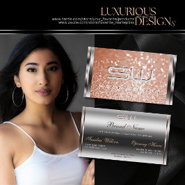 Cartão De Visita Monograma de brilho com brilho no Rosa de prata de