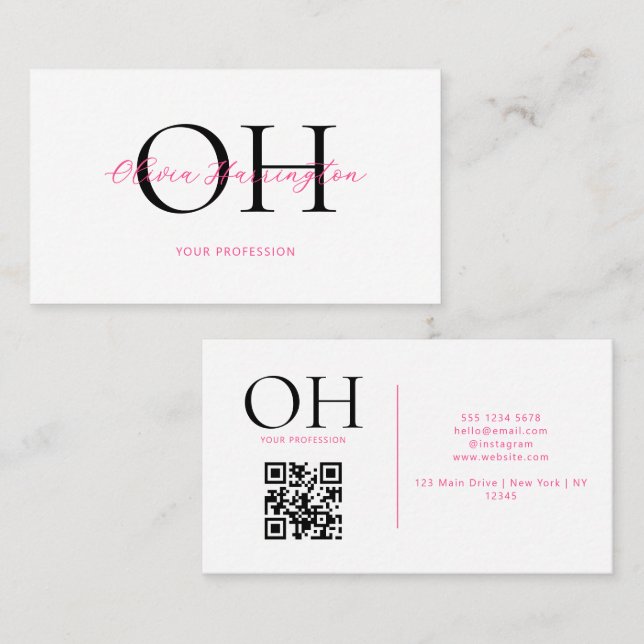 Cartão De Visita Monograma de Código QR de Script Branco e Rosa Mod (Frente/Verso)
