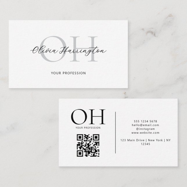 Cartão De Visita Monograma de Código QR de Script Preto Branco Mode (Frente/Verso)