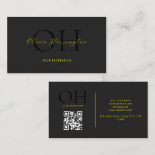 Cartão De Visita Monograma de Código QR de Script Preto e Amarelo M