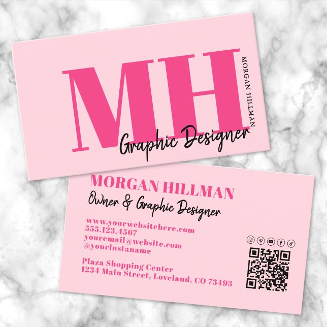 Cartão De Visita Monograma de Código QR Moderno Rosa Quente (Hot Pink Modern QR Code Monogram Business Card)