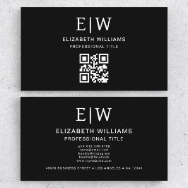 Cartão De Visita Monograma de Código QR Preto Minimizado