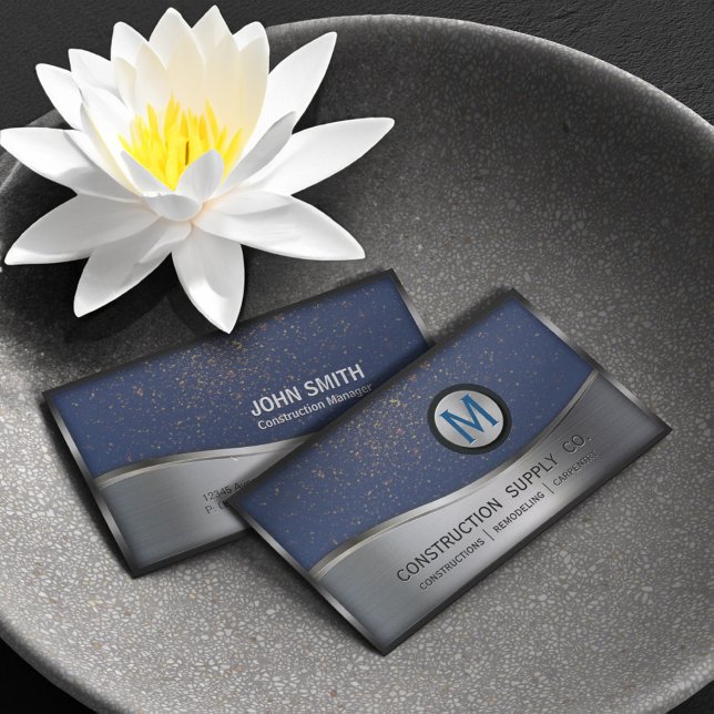 Cartão De Visita Monograma de construção LOGO Silver Metal Azul (Criador carregado)