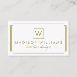 Cartão De Visita Monograma de Deco de Arte Branca e Dourada