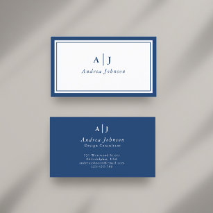 Cartão De Visita Monograma de duas bordas Marinho azul minimalista