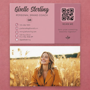 Cartão De Visita Monograma de fotos com código QR cor-de-rosa-Rosa