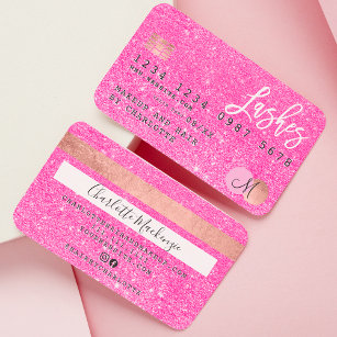 Cartão De Visita Monograma de lascas de brilho cor-de-rosa com néon