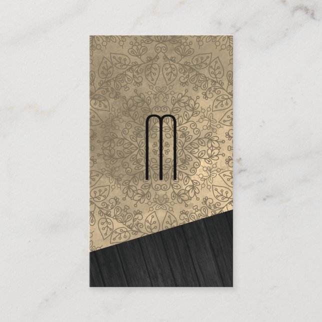 Cartão De Visita Monograma de Madeira com Padrão de Mandala (Frente)