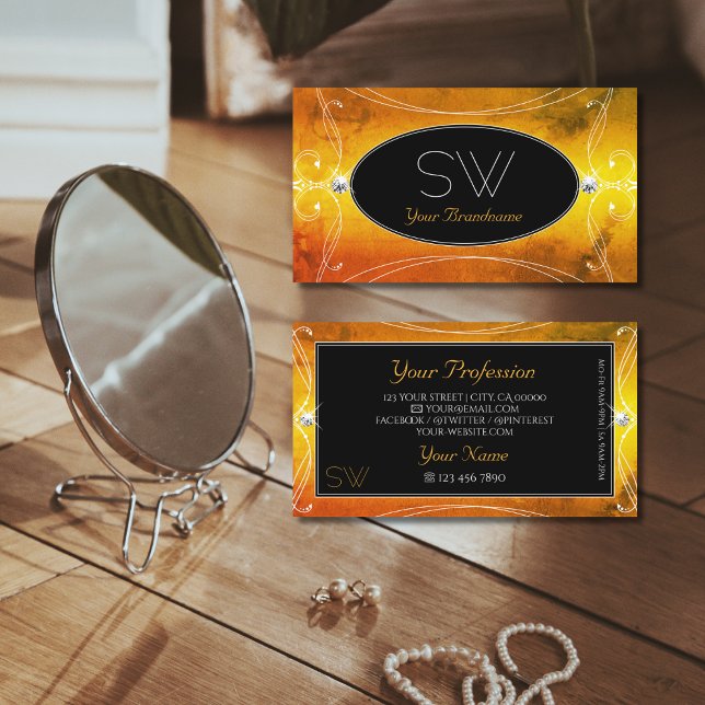 Cartão De Visita Monograma de Ornamentado Laranja Negro Espumante d (Criador carregado)