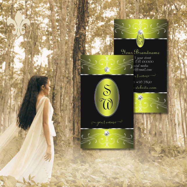 Cartão De Visita Monograma de Ornamentados Amarelos Luxe Glam Preto (Criador carregado)