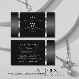 Cartão De Visita Monograma de Ornamentados Negra e Prata Moderna