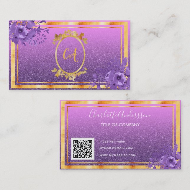 Cartão De Visita Monograma de ouro floral roxo com monograma QR (Frente/Verso)