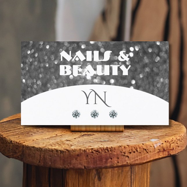 Cartão De Visita Monograma de Ouros Brilhantes Brancos e Prateados (Criador carregado)