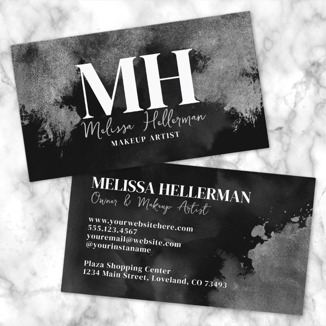 Cartão De Visita Monograma de prata preta Elegante profissional (Modern Elegant Black Silver Monogram Business Card)
