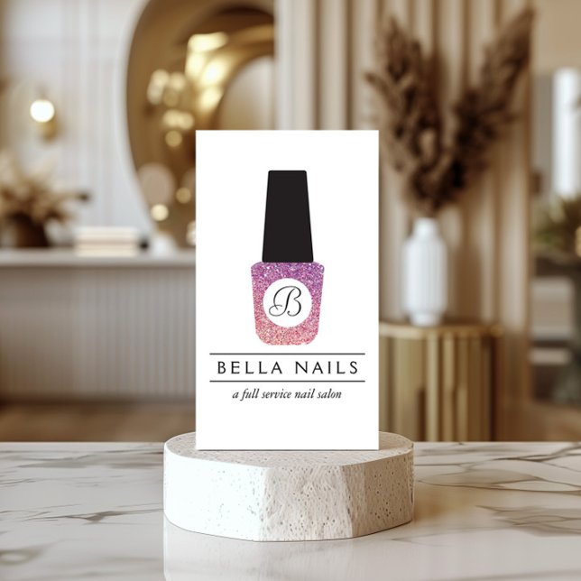 Cartão De Visita Monograma de Salão de Nail em Púrpura Glitter Nail (Criador carregado)