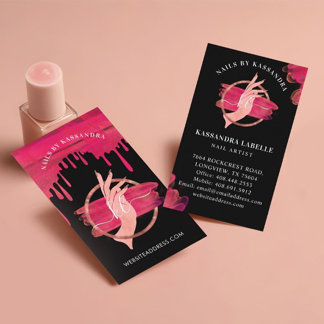Cartão De Visita Monograma de Script de Salão de Manicure de Arte N (Black Pink Nail Art Manicure Salon Script Monogram Business Card)