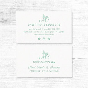 Cartão De Visita Monograma de Script Elegante Mint Borboleta Verde