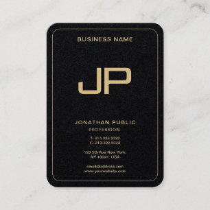 Cartão De Visita Monograma de Texto Dourado Personalizado Preto Pre