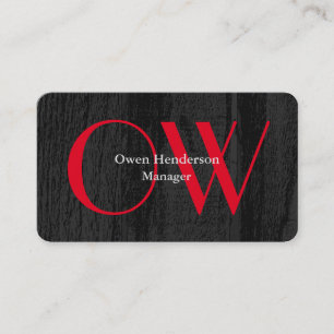 Cartão De Visita Monograma de Texto Vermelho Negrito de Madeira de