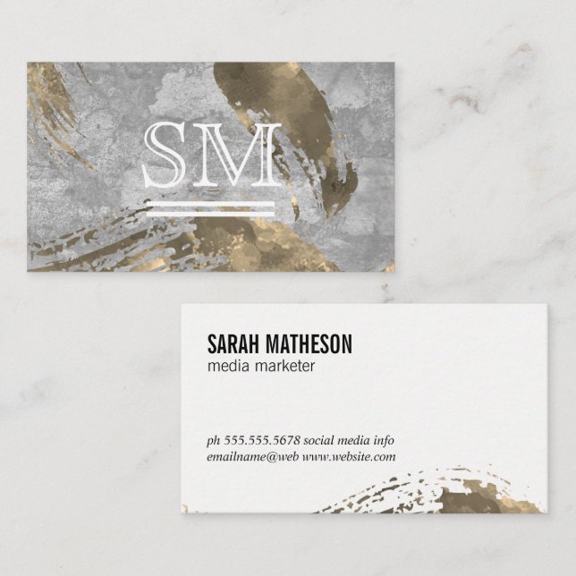 Cartão De Visita Monograma de Textura Bruta Dourada Contemporânea (Frente/Verso)