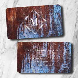 Cartão De Visita Monograma de Textura Metálica Azul Castanho Rust I