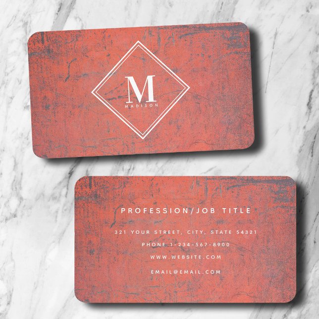 Cartão De Visita Monograma de Textura Metálica Vermelha (Red Rust Metallic Texture Monogram Initial Business Card)