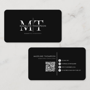 Cartão De Visita Monograma de Tipografia Moderna Código QR Preto