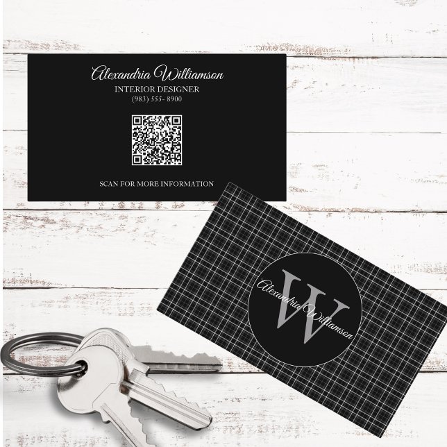 Cartão De Visita Monograma de Xadrez Preta e Branca (Criador carregado)