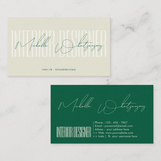 Cartão De Visita Monograma DESIGNER DE INTERIORES script moderno (Frente/Verso)
