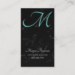 Cartão De Visita Monograma DIY, Elegante, Mármore Preto e Azul Turq